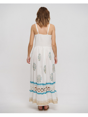 Ble Φορεμα Μακρυ Αμανικο σε Λευκο Χρωμα με Χρυσεσ/μπλε Λεπτομερειες one Size (100% Cotton)