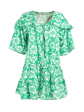 Ble Φορεμα Κοντο με 3/4 Μανικι Πρασινο/λευκο με Λουλουδια one Size ( Polycotton)