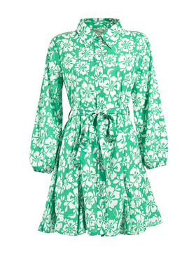 Ble Φορεμα Κοντο με Μακρυ Μανικι  και Ζωνη Πρασινο/λευκο με Λουλουδια one Size ( Polycotton)