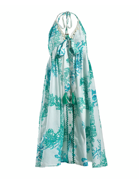 Ble Φορεμα Μακρυ Εξωπλατο Λευκο με Πρασινα Κοραλια one Size (100% Cotton)