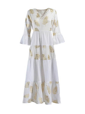 Φορεμα Μακρυ με Μακρυ Μανικι Λευκο με Χρυσες Λεπτομερειες one Size (100% Cotton)