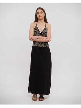 Ble Φορεμα Μακρυ Αμανικο Μαυρο με Χρυσες Χαντρες one Size (Polygeorget)