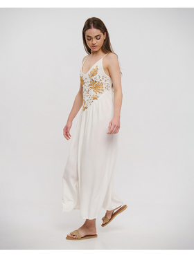 Ble Φορεμα Μακρυ Αμανικο σε Λευκο Χρωμα με Χρυσες Λεπτομερειες one Size (100% Rayon)