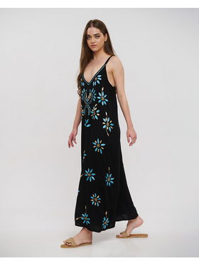 Ble Φορεμα Μακρυ Αμανικο Μαυρο με Μπεζ/μπλε Λεπτομερειες one Size (100%rayon)