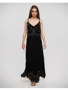 Ble Φορεμα Μακρυ Αμανικο σε Μαυρο Χρωμα με Χρυσεσ/καφε Λεπτομερειες one Size (100% Rayon)