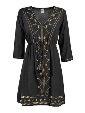 Ble Φορεμα Μακρυ με Μακρυ Μανικι σε Μαυρο Χρωμα με Χρυσες Λεπτομερειες one Size (100% Rayon)