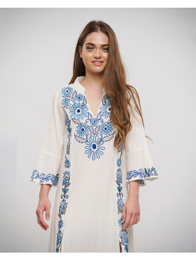 Ble Φορεμα/tunic Μακρy me Μακρυ Maniki σε Λευκο Χρωμα με Μπλε Κεντηματα one Size (100% Cotton)