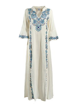Ble Φορεμα/tunic Μακρy me Μακρυ Maniki σε Λευκο Χρωμα με Μπλε Κεντηματα one Size (100% Cotton)