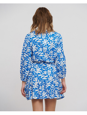 Ble Φορεμα Κοντο με Μακρυ Μανικι και Ζωνη σε Μπλε/λευκο Χρωμα one Size(100% Rayon)