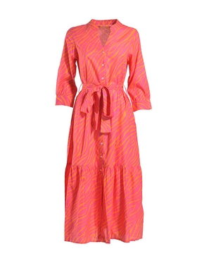 Ble Φορεμα Μακρυ με 3/4 Μανικι και Ζωνη σε Ροζ/πορτοκαλι Χρωμα one Size(100% Rayon)