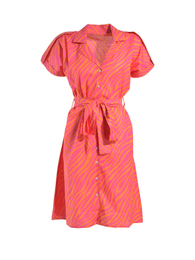 Ble Φορεμα Κοντο με Κοντο Μανικι και Ζωνη σε Ροζ/πορτοκαλι Χρωμα one Size(100% Rayon)