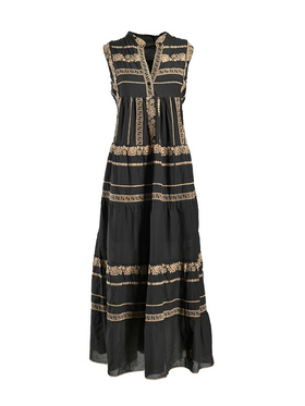Ble Φορεμα Μακρυ Αμανικο Μαυρο με Μπεζ Κεντηματα one Size (100% Cotton)