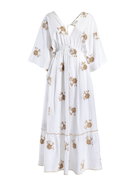 Ble Φορεμα Μακρυ με 3/4 Μανικιι Λευκο με Μπεζ Κεντηματα one Size (100% Cotton)