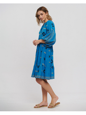Ble Φορεμα Κοντο με Μακρυ Μανικι Μπλε με Κεντητες Λεπτομερειες one Size ( 100% Cotton)