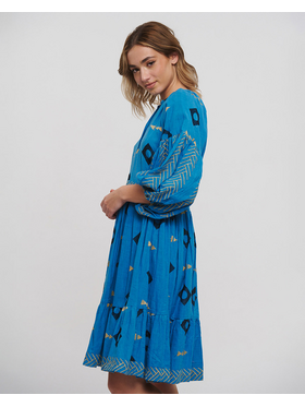 Ble Φορεμα Κοντο με Μακρυ Μανικι Μπλε με Κεντητες Λεπτομερειες one Size ( 100% Cotton)