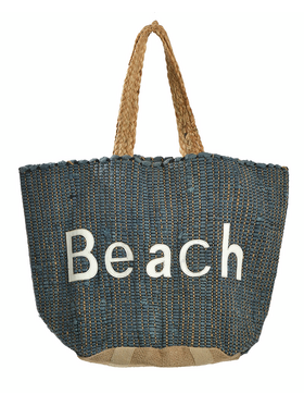 Ble Τσαντα Υφασματινη Μπλε Σκουρο ''beach'' με Χερουλια απο Γιουτα 24χ16 (Cotton/jute)
