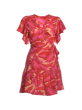 Ble Φορεμα Κοντο Κρουαζε σε Φουξ/κοκκινο Χρωμα με Φυλλα one Size (100% Crepe)