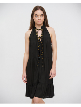 Ble Φορεμα Κοντο Αμανικο Μαυρο με Χρυσα Κορδονια one Size (100% Rayon)