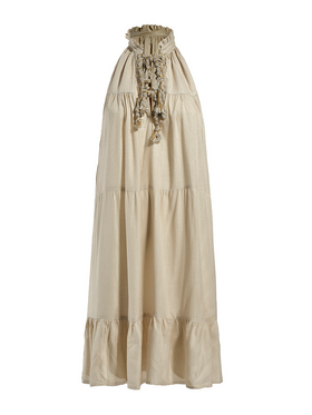 Ble Φορεμα Κοντο Αμανικο Μπεζ με Χρυσα Κορδονια one Size (100% Rayon)