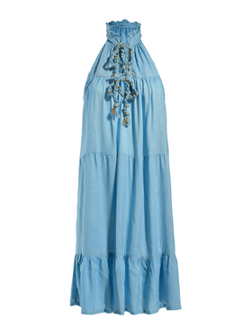 Ble Φορεμα Κοντο Αμανικο Γαλαζιο με Χρυσα Κορδονια one Size (100% Rayon)
