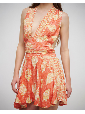 Ble Φορεμα Κοντο Πολυμορφικο Πορτοκαλι με Φυλλα και Χρυσες Λεπτομερειες one Size(100% Crepe)