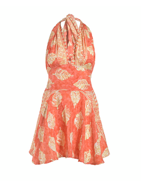 Ble Φορεμα Κοντο Πολυμορφικο Πορτοκαλι με Φυλλα και Χρυσες Λεπτομερειες one Size(100% Crepe)