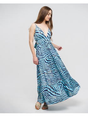 Ble Φορεμα Μακρυ Amaniko Μπλε ''ζεβρε'' με Ασημι/χρυσες Λεπτομερειες one Size(100% Crepe)