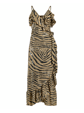 Ble Φορεμα Μακρυ Amaniko Κρουαζε Μπεζ-Μαυρο ''ζεβρε'' με Ασημι/χρυσες Λεπτομερειες one Size(100% Crepe)