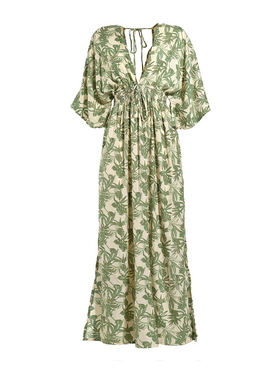 Ble Φορεμα Μακρυ me 3/4 Maniki Εκρου/πρασινο με Χρυσες Λεπτομερειες one Size(100% Crepe)