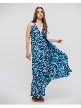 Ble Φορεμα Μακρυ Εξωπλατο Μπλε με Σχεδια one Size(100% Crepe)