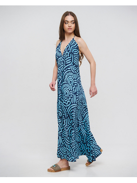 Ble Φορεμα Μακρυ Εξωπλατο Μπλε με Σχεδια one Size(100% Crepe)