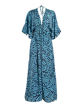 Ble Φορεμα Μακρυ με 3/4 Μανικι Μπλε με Σχεδια one Size(100% Crepe)