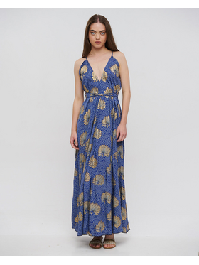 Ble Φορεμα Μακρυ Εξωπλατο Μπλε με Χρυσα Λουλουδια one Size(100% Crepe)