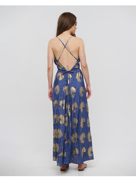 Ble Φορεμα Μακρυ Εξωπλατο Μπλε με Χρυσα Λουλουδια one Size(100% Crepe)