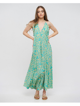 Ble Φορεμα Μακρυ Αμανικο Τυρκουαζ με Χρυσες Λεπτομερειες one Size (100%crepe)