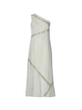 Ble Φορεμα Μακρυ με ενα ωμο σε Λευκο Χρωμα με Χρυσα Κεντηματα one Size (100% Rayon)
