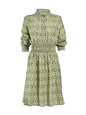 Ble Φορεμα Κοντο με Μακρυ Μανικι σε Πρασινο Χρωμα με Σχεδια s/m (28%silk / 72%crepe)