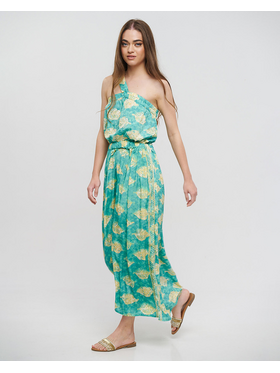 Ble Φορεμα Μακρυ με 1 ωμο Τυρκουαζ/πρασινο με Φυλλα και Χρυσες Λεπτομερειες one Size(100% Crepe)