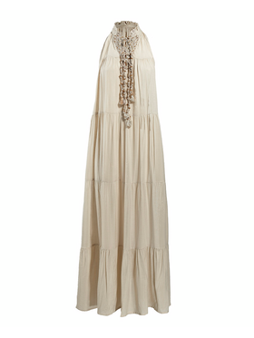 Ble Φορεμα Μακρυ Αμανικο Μπεζ με Χρυσα Κορδονια one Size (100% Rayon)
