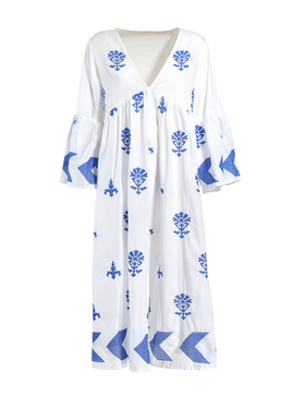 Ble Φορεμα Μακρυ Λευκο με Μπλε Κεντηματα one Size (100% Cotton)