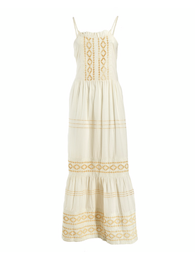 Ble Φορεμα Μακρυ Αμανικο Εκρου με Χρυσα Κεντηματα one Size (100% Cotton)