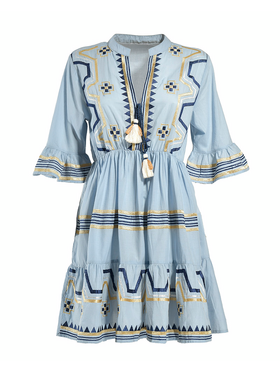 Ble Φορεμα Κοντο Γαλαζιο με Χρυσα/μπλε Κεντηματα one Size (100% Cotton)