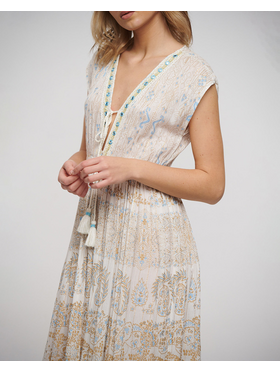 Ble Φορεμα Μακρυ Κοντομανικο Εκρου με Χρυσεσ/μπλε Λεπτομερειες one Size (100% Rayon)