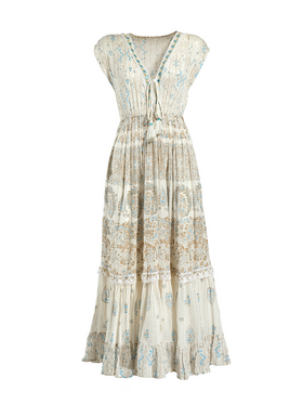 Ble Φορεμα Μακρυ Κοντομανικο Εκρου με Χρυσεσ/μπλε Λεπτομερειες one Size (100% Rayon)