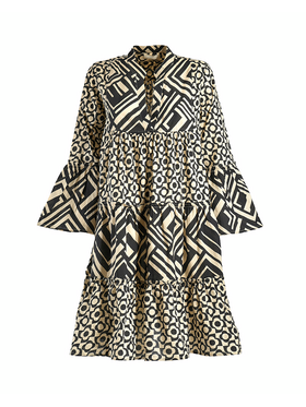 Ble Φορεμα/tunic Κοντο με Μακρυ Μανικι σε Μαυρο/μπεζ Χρωμα one Size(100% Rayon)