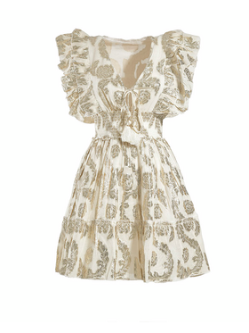 Ble Φορεμα Κοντο Λευκο με Χρυσα Σχεδια και Βολαν one Size (100% Cotton)