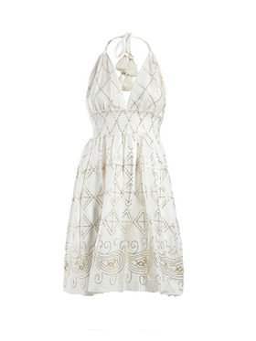 Ble Φορεμα Κοντο Αμανικο Λευκο με Χρυσες Λεπτομερειες one Size (100% Cotton)