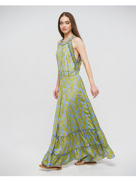 Ble Φορεμα Μακρυ Αμανικο με Βολαν Πρασινο/μπλε με Χρυσες Λεπτομερειες one Size(100% Crepe)