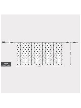Κουρτινα, 240led 3mm,31v, Επεκταση εωσ 3, Διαφανο Καλωδιο, Λευκο Led, Προεκταση 3m, 200χ100cm,ιρ44