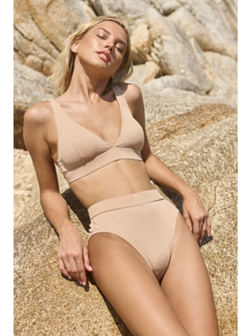 Ribbed High Waisted Triangle Bikini Swimwear - Beige Μπεζ